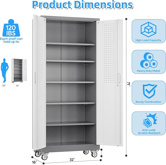 Metal Garage Cabinet with Wheels and Pegboard 71'' x 32'' x 16'', Lockable - Image 3
