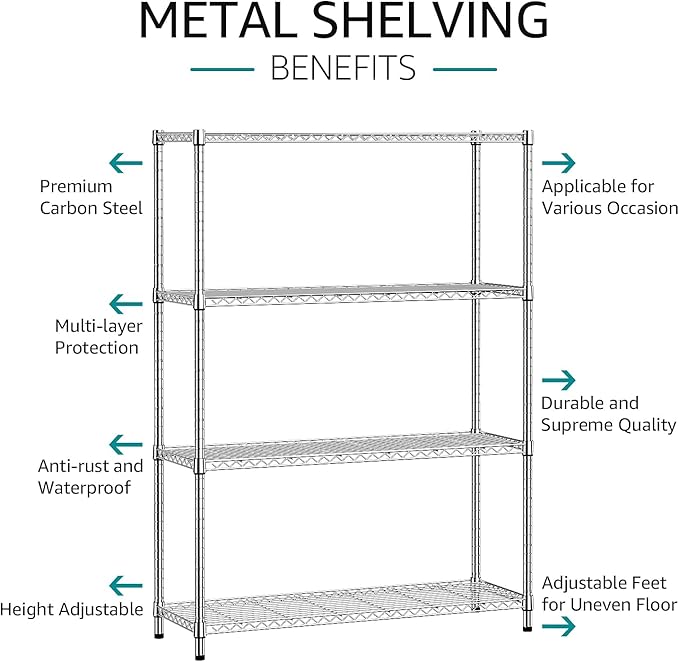 IZEUK 1400 LBS Garage Chrome Shelving Wide Storage Shelves 4 Tier Adjustable - Image 4
