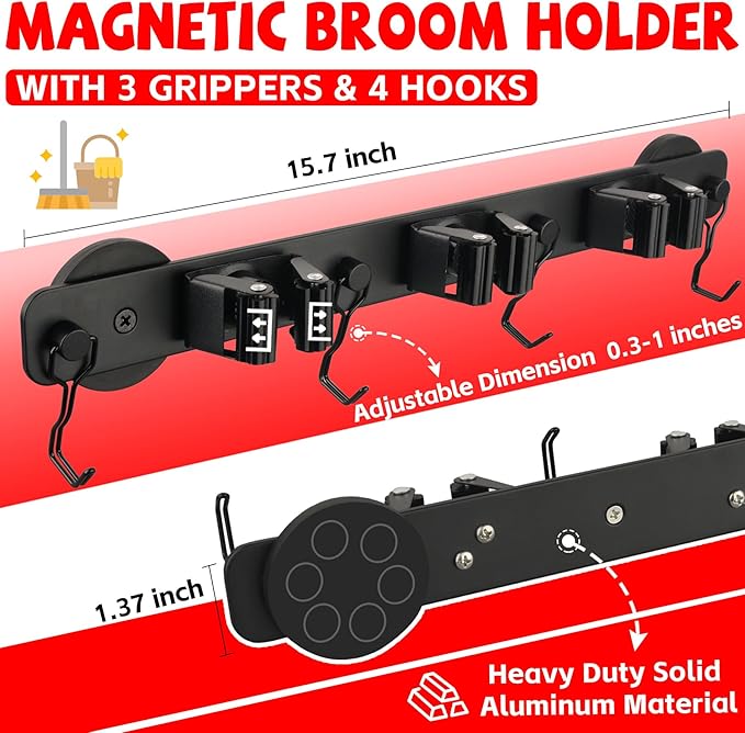 Magnetic Mop Broom Holder, Heavy Duty Movable Magnetic Wall Mount Tool Racks - Image 2