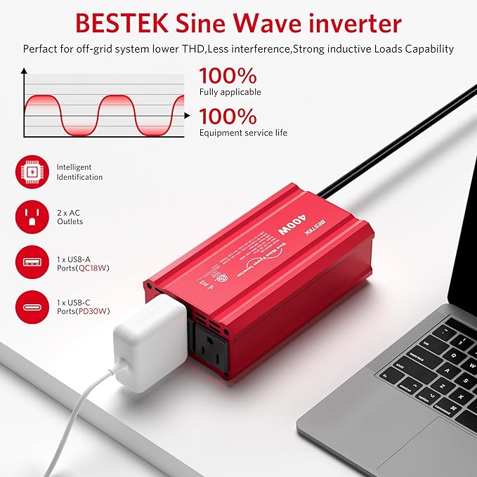 BESTEK 400W Car Power Inverter DC 12V to AC 110V Car Plug T-Type Sine Wave - Image 2