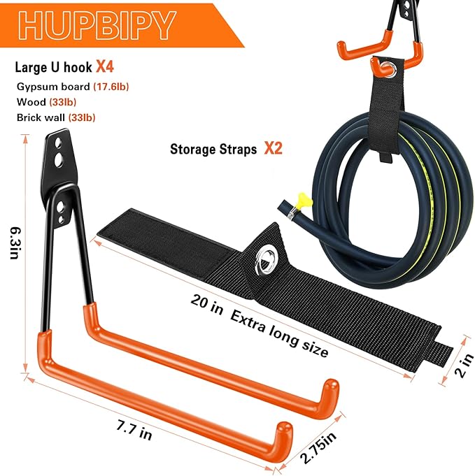 Heavy Duty Garage Hooks 4 Pack, 7.7 inch U Shaped Long Hanger, - Image 2