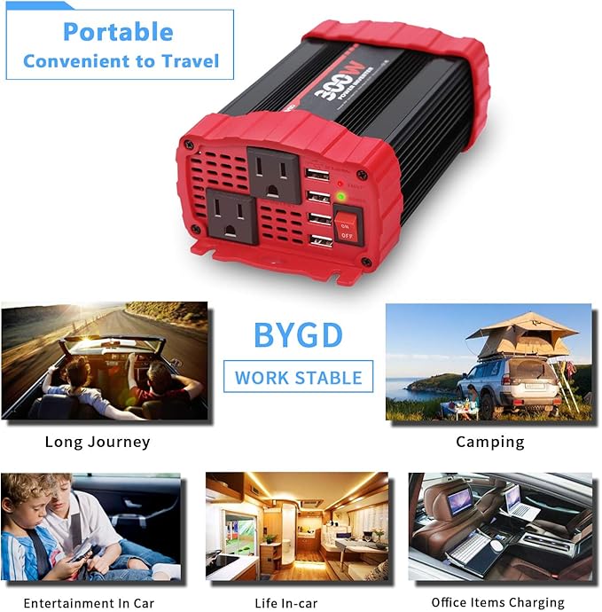 BYGD 300W Car Power Inverter, DC 12V to 110V AC Vehicle Plug Adapter Converter - Image 6
