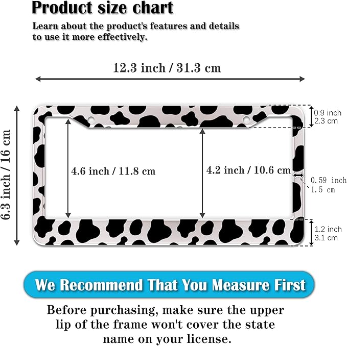 License Plate Frames Black and White License Plate Frame Animal Cow Print White - Image 2