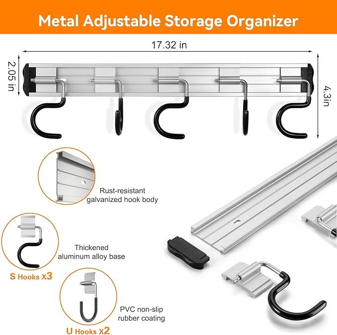 69'' Aluminum Alloy Garage Tool Organizer Hooks, Broom Holder Wall Mount - Image 2