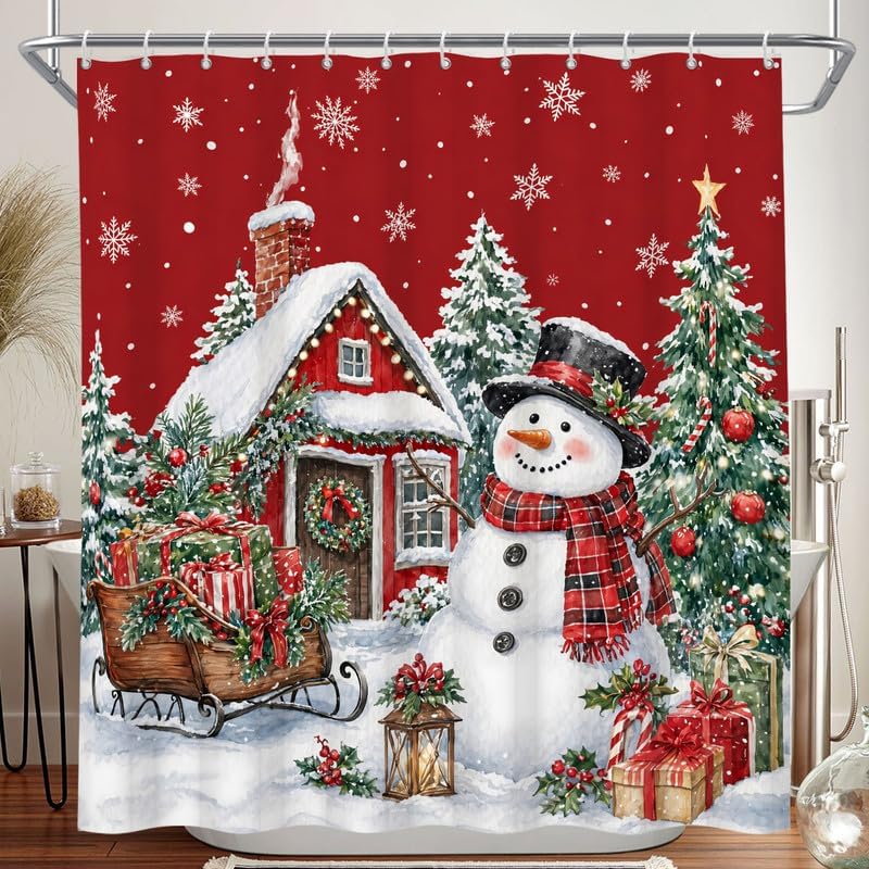 Red Christmas Shower Curtain for Bathroom, 72x78 Inch Waterproof Fabric by Duluxykl