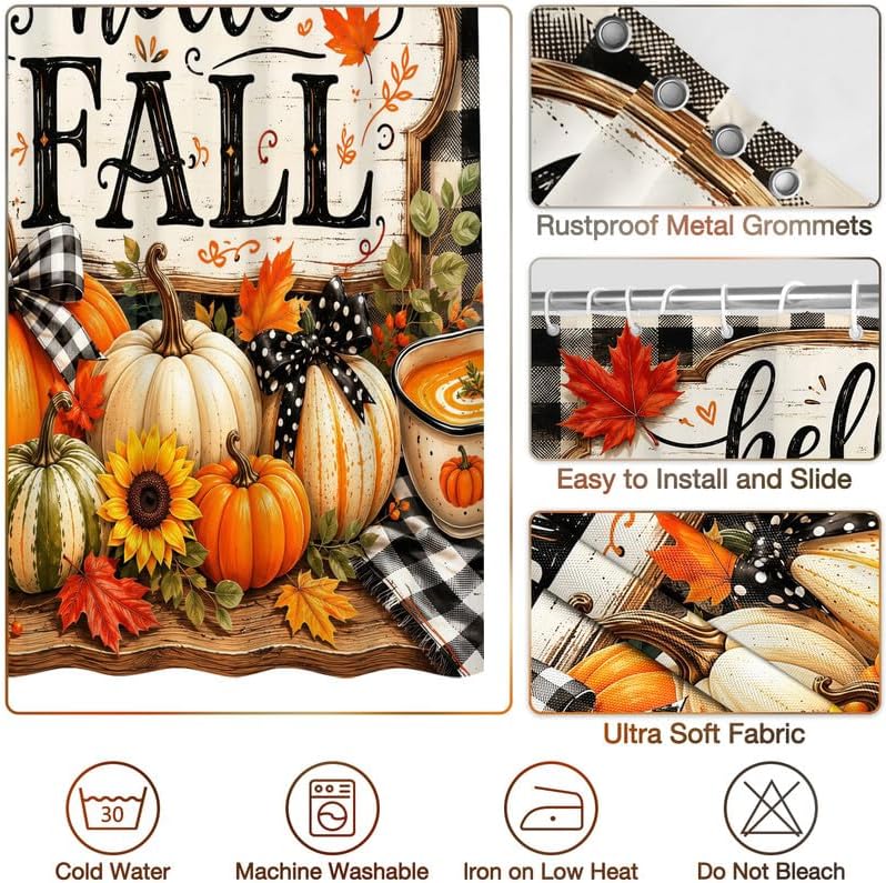 Hello Fall Shower Curtain for Bathroom Autumn Pumpkin Harvest Buffalo Plaid Check Bath Curtains Decor Waterproof Fabric with 10 Hooks, 60x72 Inch - Image 4