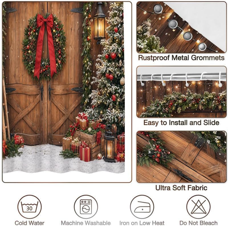Farmhouse Christmas Shower Curtain, Winter Xmas Tree Snowflake Barn Door - Image 4