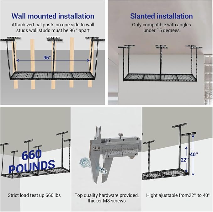 Overhead Garage Storage Rack 4x8 FT, Steel Ceiling Shelves 660lb Capacity - Image 4
