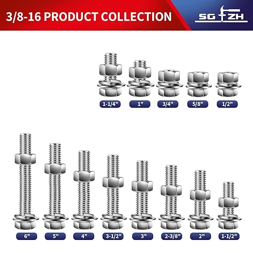 3/8-16 x 3-1/2" Hex Head Screw Bolt, Flat & Lock Washers, Fully Threaded - Image 3