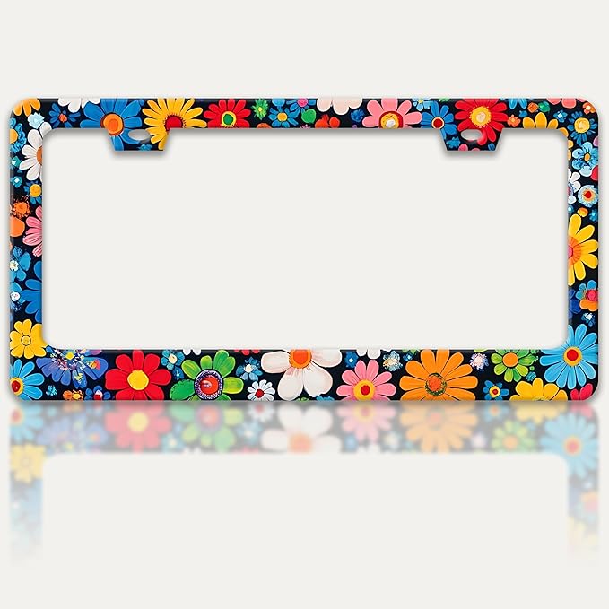 Colorful Flowers Print License Plate Frame Beautiful Floral License Plate by RTINRAN