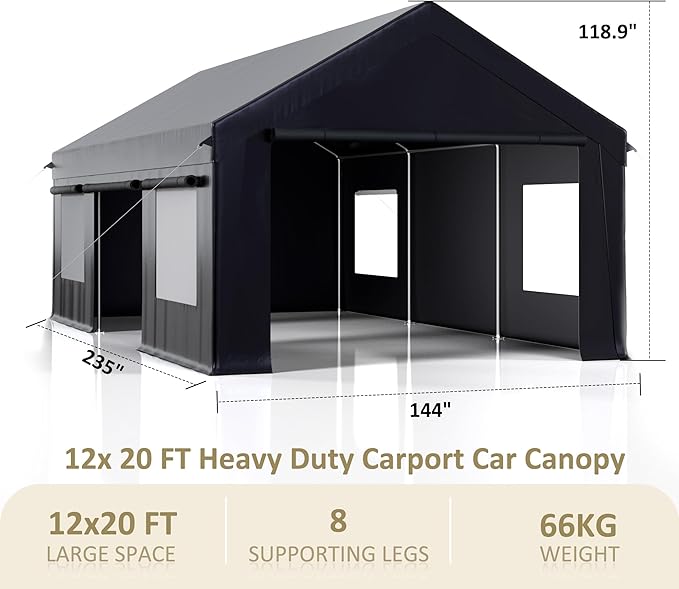 Carport 12' x 20' Heavy Duty Portable Garage, Carport Canopy - Image 7