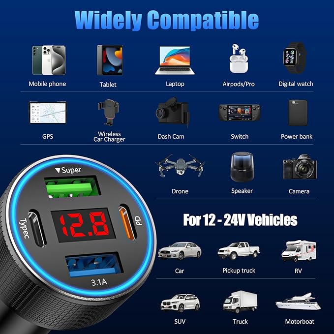 USB C Car Charger, 78W 4 Port Car Phone Charger Adapter Fast Charging, Dual USB - Image 7