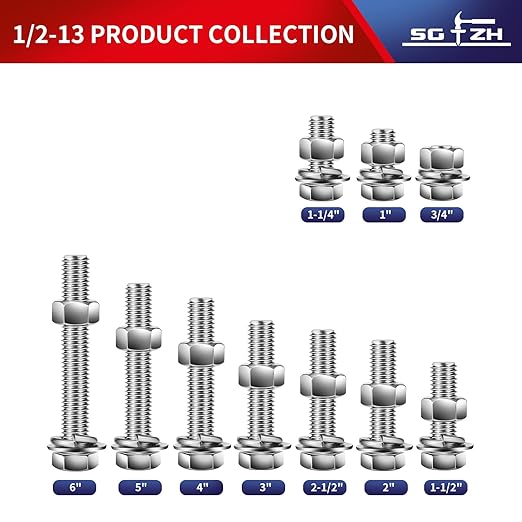 1/2-13 x 1-1/2" Hex Head Screw Bolt, Flat & Lock Washers, Fully Threaded - Image 3