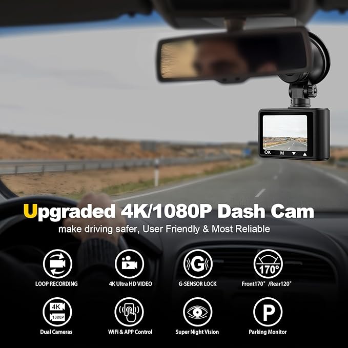 Dash Camera, 4K/1080p Dash Camera Front and Rear, Built-in 5GWiFi, Dash Cam - Image 2