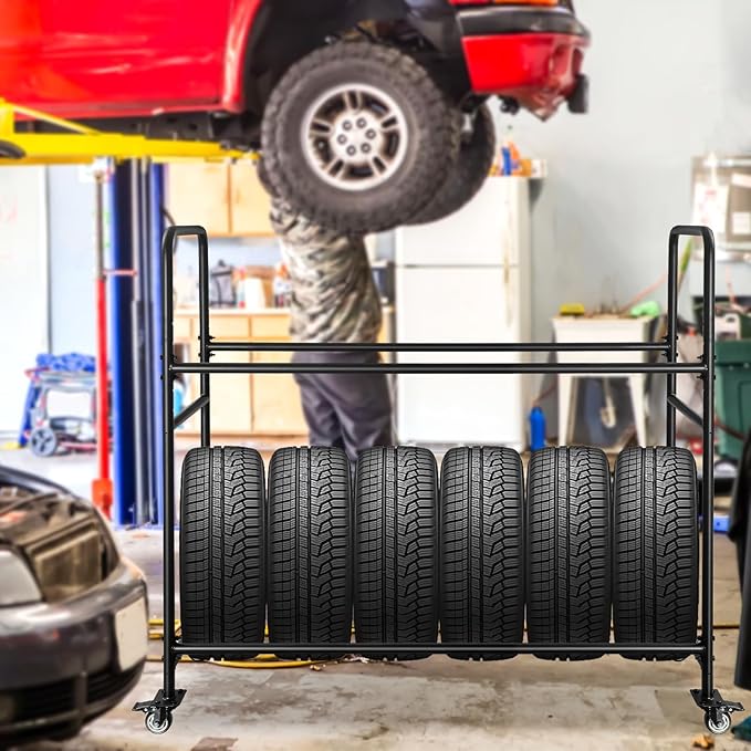 Tire Rack, Adjustable Height Metal Rolling Storage Rack 60" x 59" x 21" - Image 9