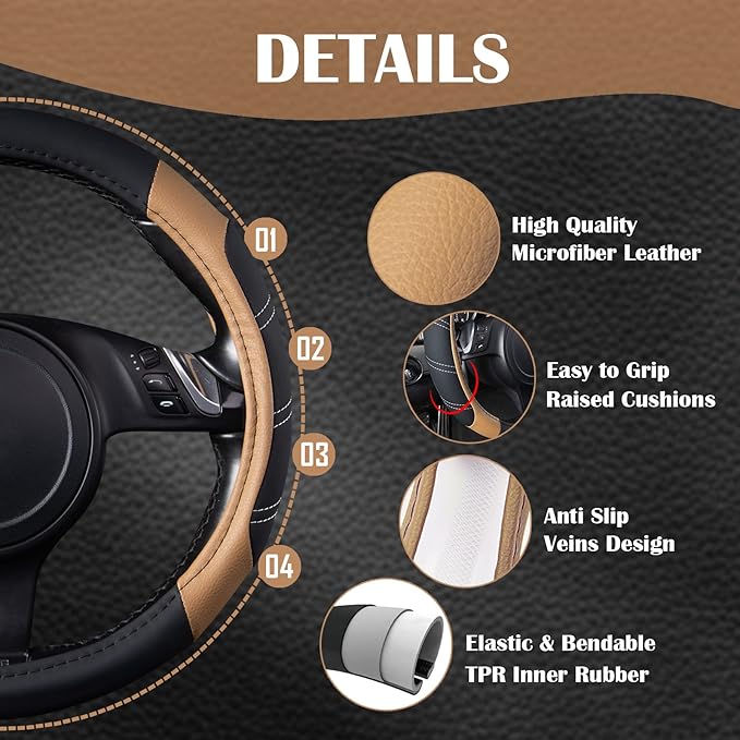 CAR PASS Line Rider Microfiber Leather Sporty 14.5-15 inch Steering Wheel Cover - Image 4