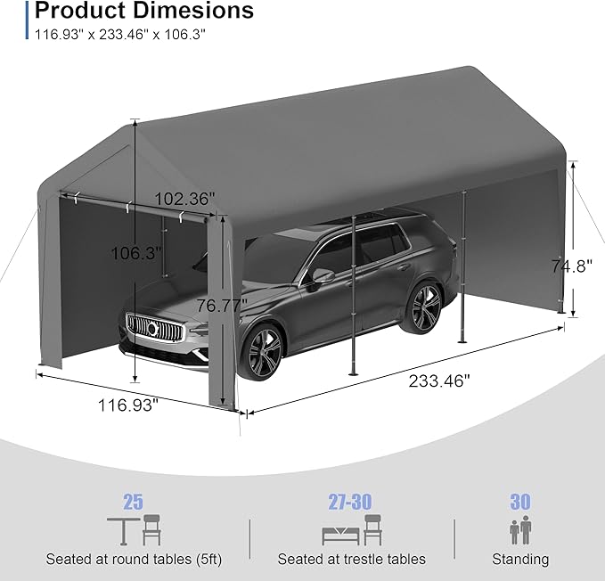 Carport 10x20 Heavy Duty Portable Garage w/Removable Sidewalls & Roll-Up Door - Image 5