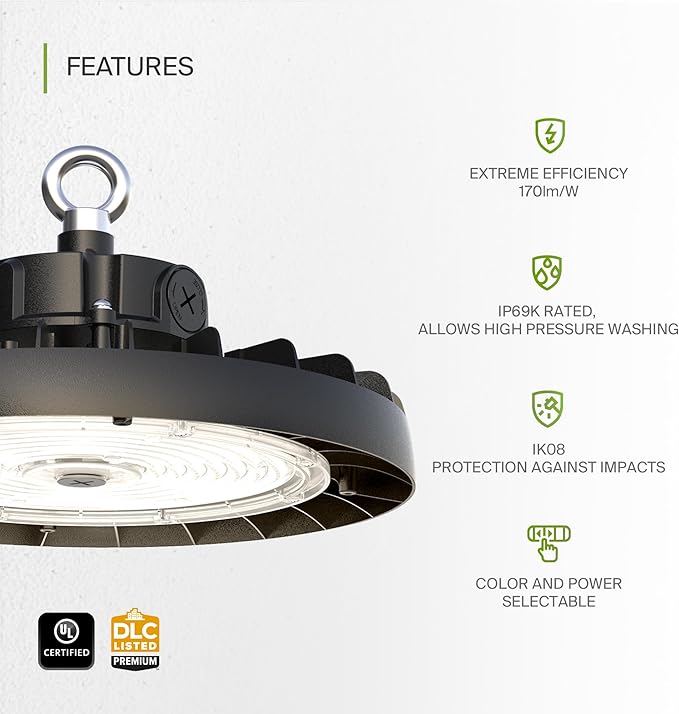 ASD LED High Bay UFO Light Fixture, Commercial Shop Lighting | 3CCT, IP69K - Image 3
