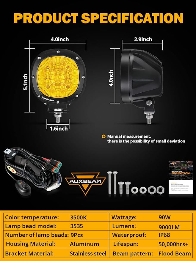 Auxbeam 4 Inch Amber Round LED Driving Light - Image 6
