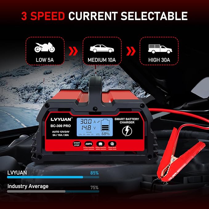 LVYUAN 30Amp Smart Car Battery Charger, 12V/24V Automotive Charger, Lead-Acid - Image 3