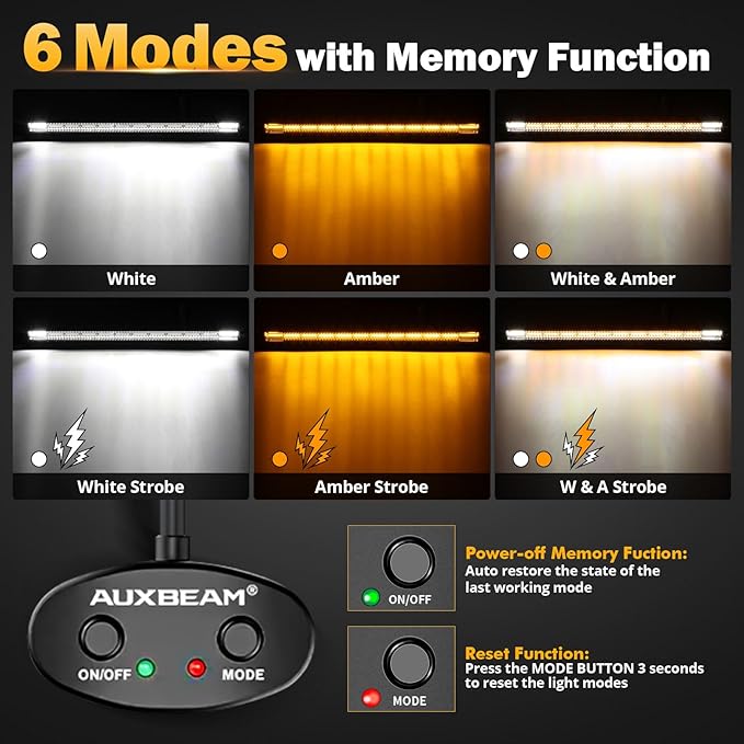 Auxbeam LED Straight Light Bar 50 Inch 288W Amber White Fog Lights, 6 Modes - Image 2