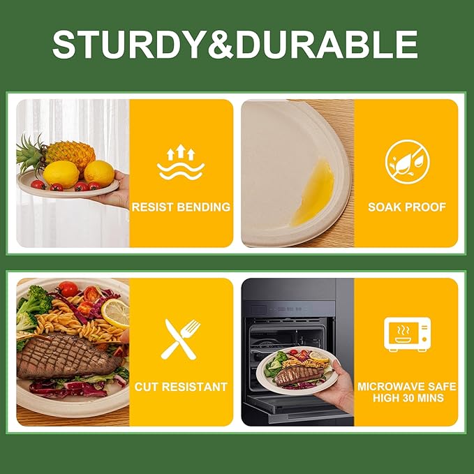 WELLIFE 100% Compostable Paper Plates 10 Inch, Biodegradable Bagasse, - Image 3