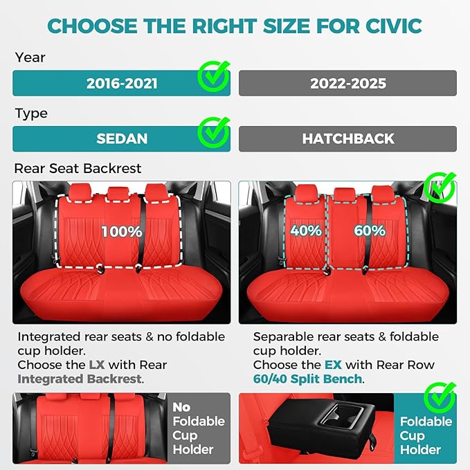 Seat Covers for Honda Civic Sedan EX-L, Sport 2016 2017 2018 2019 2020 2021 - Image 2