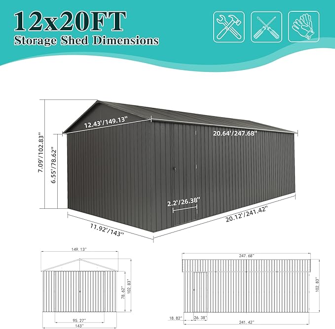 Domi 12x20FT Outdoor Garage Metal Shed, Extra Large Carport - Image 7