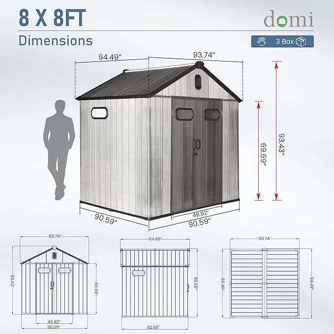 Domi 8x8 FT Outdoor Resin Storage Shed, All-Weather Double-Wall Storage Building - Image 3