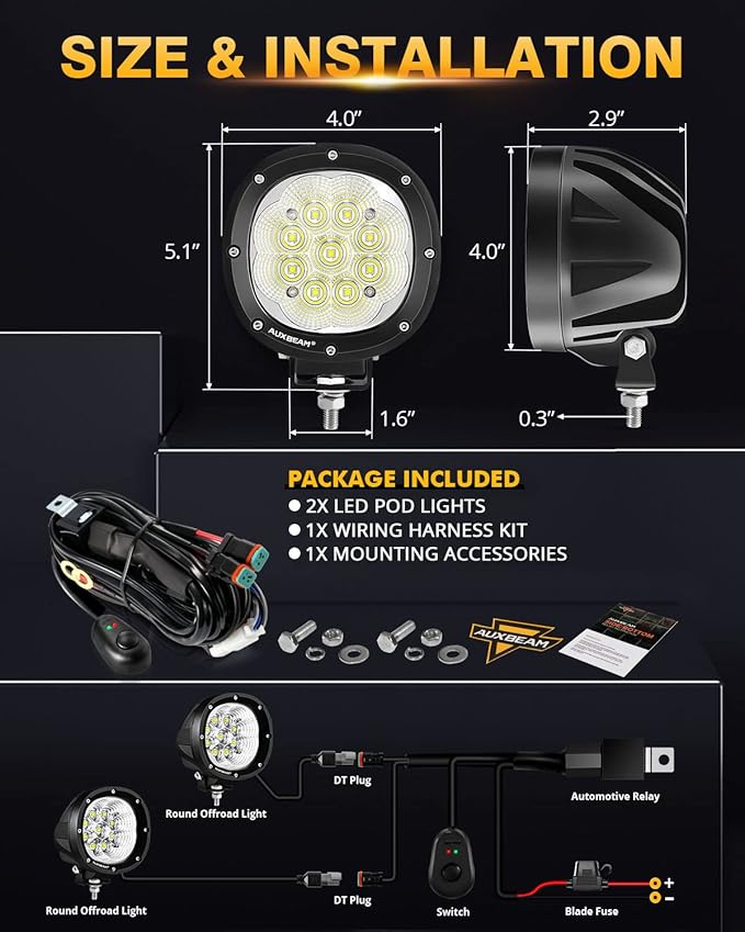 Auxbeam P4 Series Flood Beam LED Pods 4 Inch 90W Round Offroad Fog Lights - Image 5