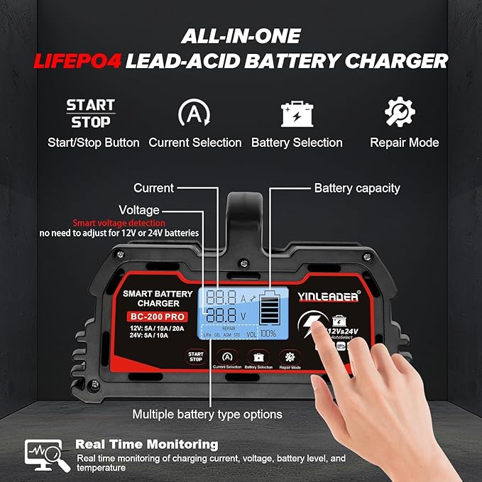 Battery Charger 20A, 12V/24V Lead Acid Smart Battery Charger, 12V LiFePO4 Car - Image 4