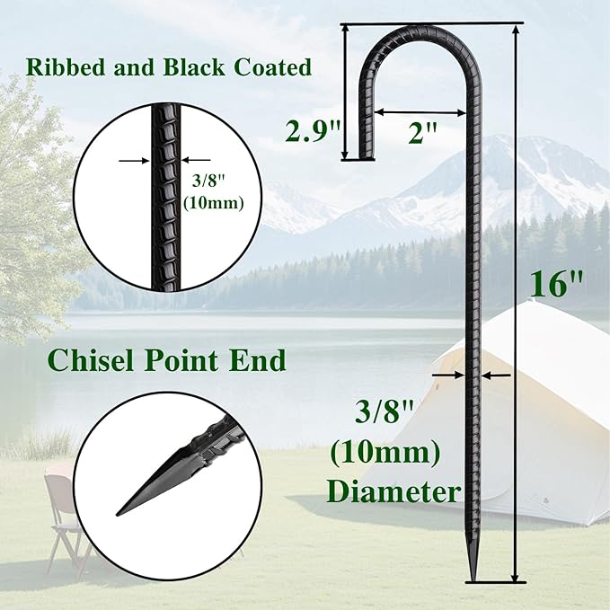 Rebar Stakes 16 Inch 20 Pack J Hook Ground Stakes Heavy Duty Tent Stakes Chain - Image 2