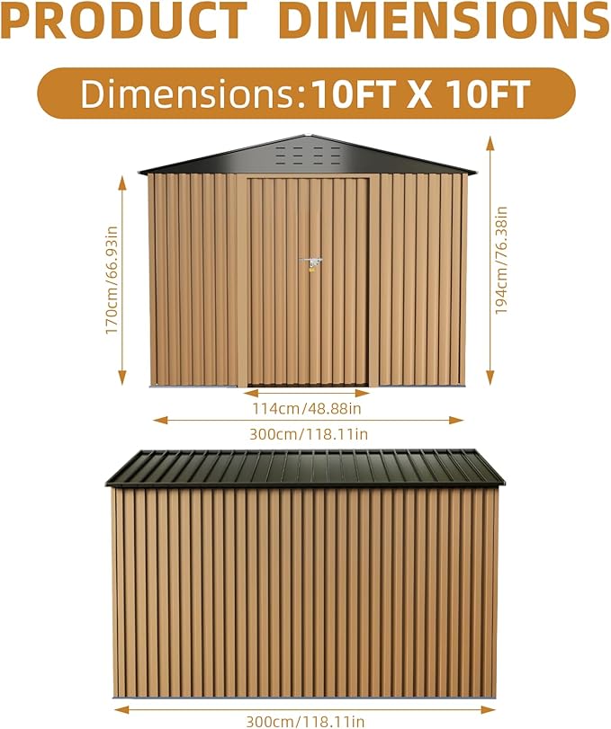 10x10FT Outdoor Metal Storage Shed, Lockable Weatherproof Garden Shed - Image 2