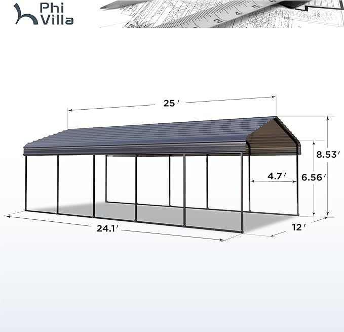 PHI VILLA Outdoor Carport Canopy 12' x 25', Metal Carport Tent Heavy Duty - Image 6