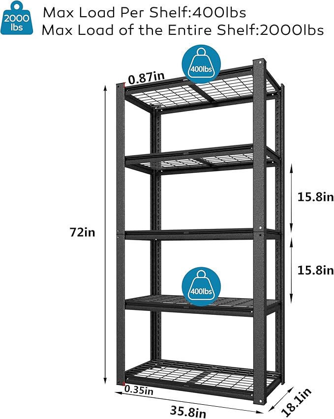 MUPATER 35.8" W x 18.1" D x 72" H Metal Storage Shelves, Standing Utility Shelf - Image 3