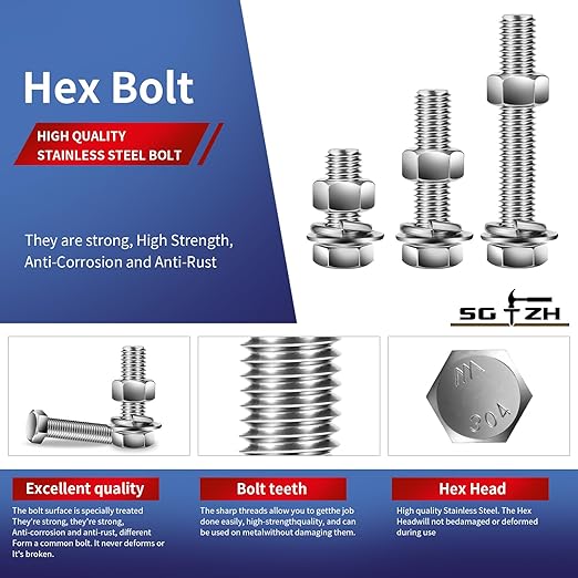 3/8-16 x 3" Hex Head Screw Bolt, Flat & Lock Washers, Fully Threaded, by SG TZH - Image 4