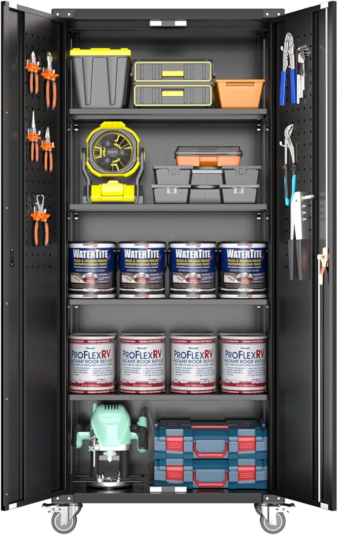 72" Metal Storage Cabinet with Wheels and Pegboard, Lockable Rolling Steel - Image 7