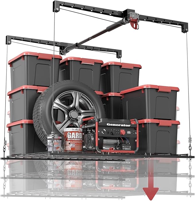 Overhead Garage Storage Lift, Adjustable Heavy-duty 4x4 Ft Ceiling Racks by KOKORACKER