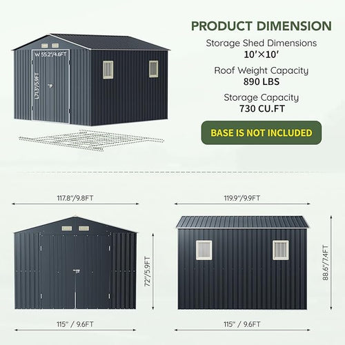 10x10 FT Outdoor Metal Storage Shed, Double Swing Doors, 2 Clear Windows - Image 2