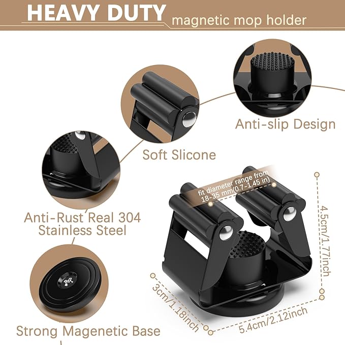 3-H Magnetic Broom Holder with Strong Magnetic Hook 4 Pack, Broom Holder Wall - Image 2