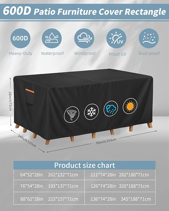 Outdoor Waterproof Furniture Cover, 76W x 54L x 28H inches Heavy Duty 600D - Image 3