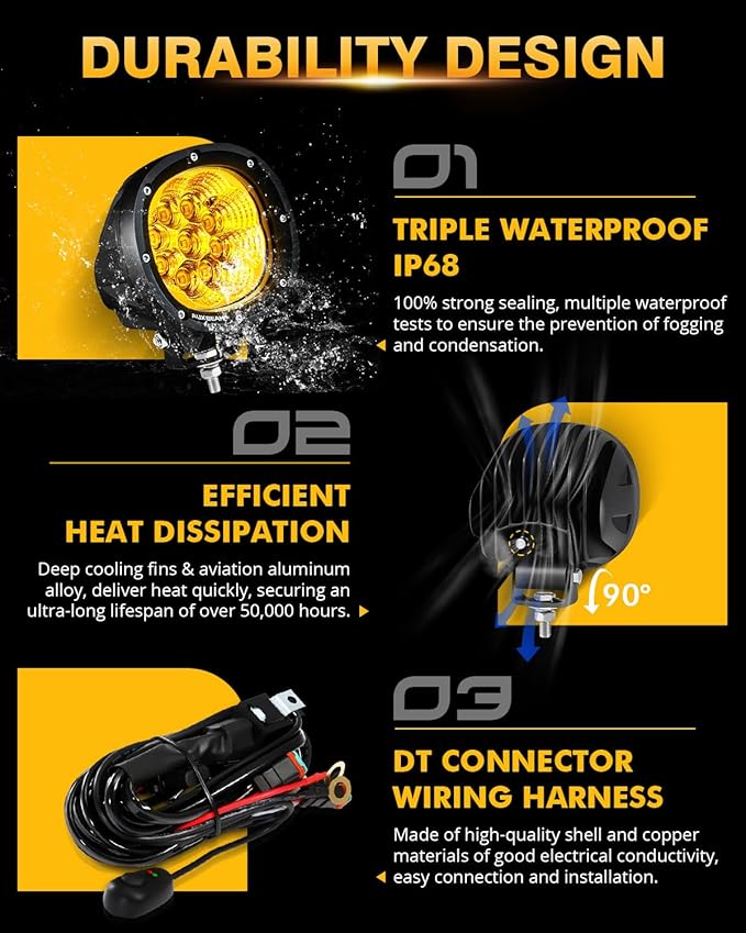 Auxbeam P4 Series Flood Beam Amber Round Light Pods, 4 Inch 90W Yellow Flood - Image 4