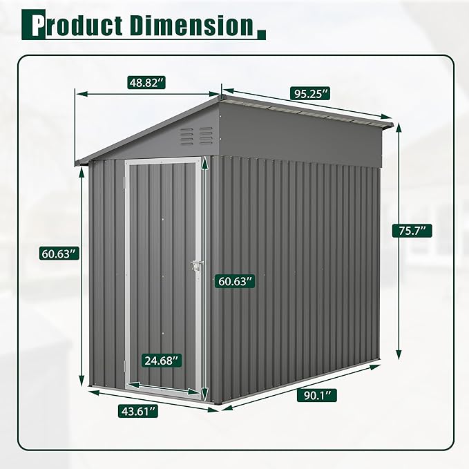 4x8 FT Outdoor Storage Shed, Lean to Metal Shed W/Floor Included, Garden - Image 3
