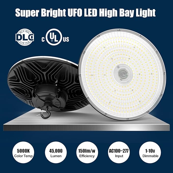 300W UFO LED High Bay Light 1-10V Dimmable, 5000K Daylight 42000LM, UL DLC - Image 2