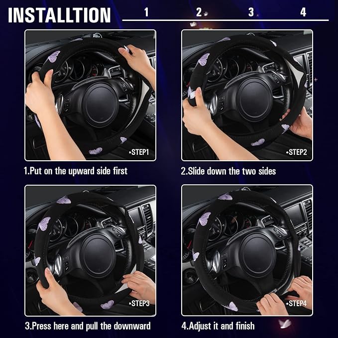 Car Pass Purple Embroidery Butterfly Steering Wheel Cover, Universal 15 Inch - Image 6