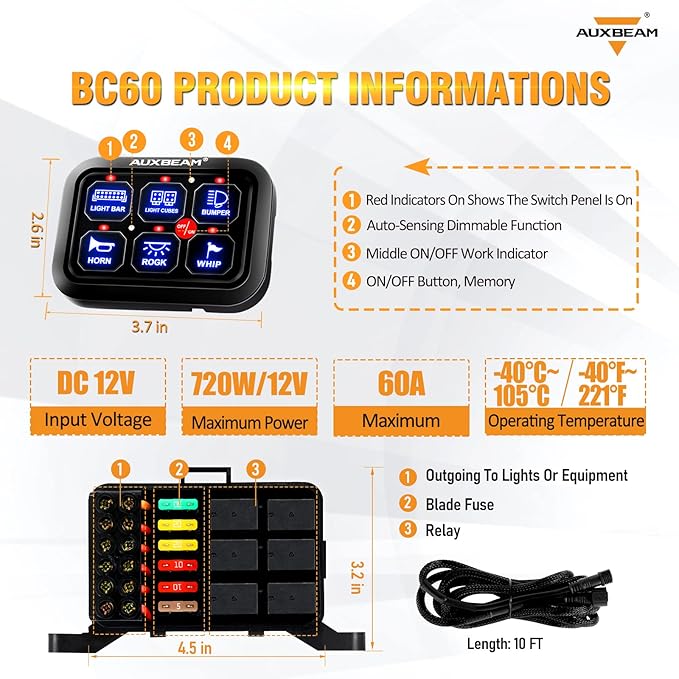 Auxbeam 6 Gang Switch Panel BC60, Universal Circuit Control Relay System Box - Image 2