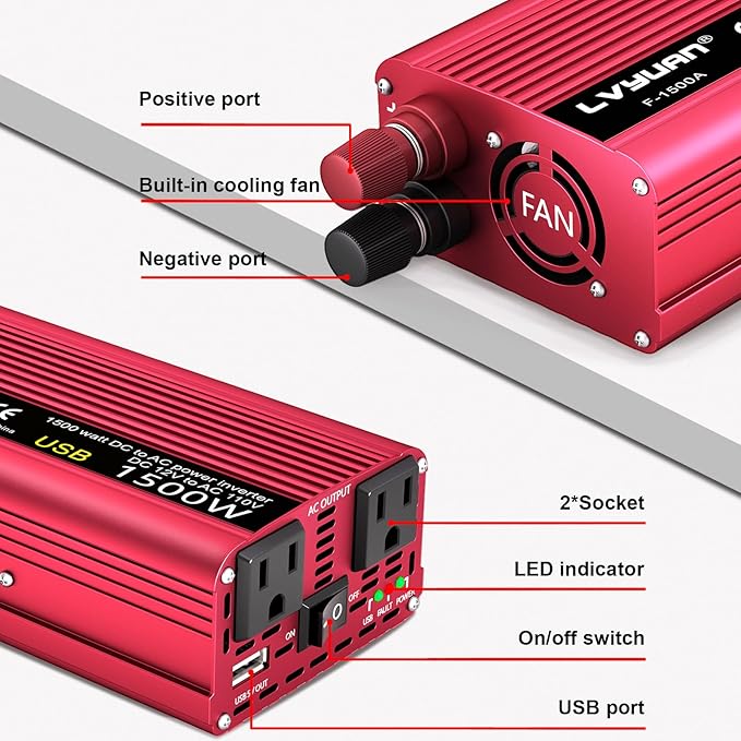 Power Inverter 700W/1500W Dual AC Outlets and USB Charging Port DC 12V to 110V - Image 3