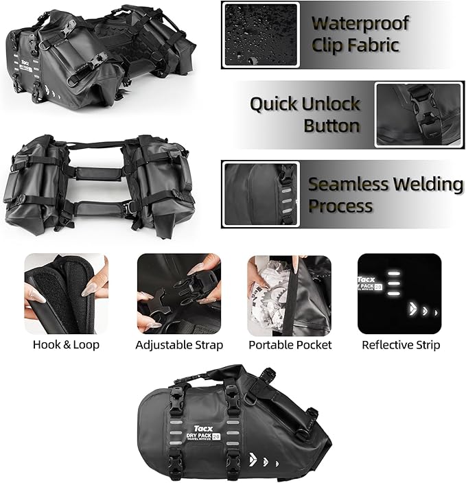 Motorcycle Saddle Bags Tail Bag, 20L Roll-top Waterproof Motor Detachable Side - Image 3