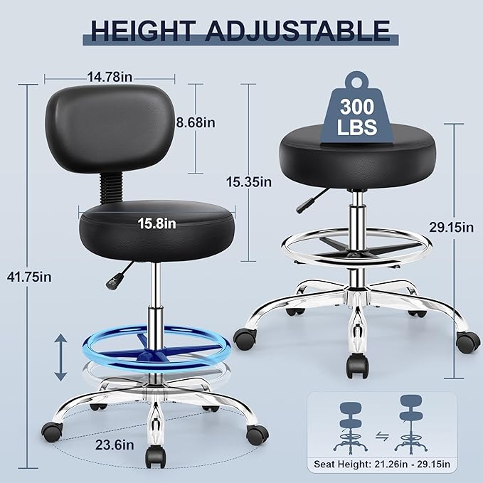 Drafting Chair with Backrest – Adjustable Foot Rest Rolling Stool with Wheels - Image 3