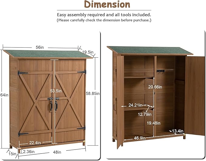 56" L x 19.5" W x 64" H Tall Outdoor Wooden Storage Shed - Image 2